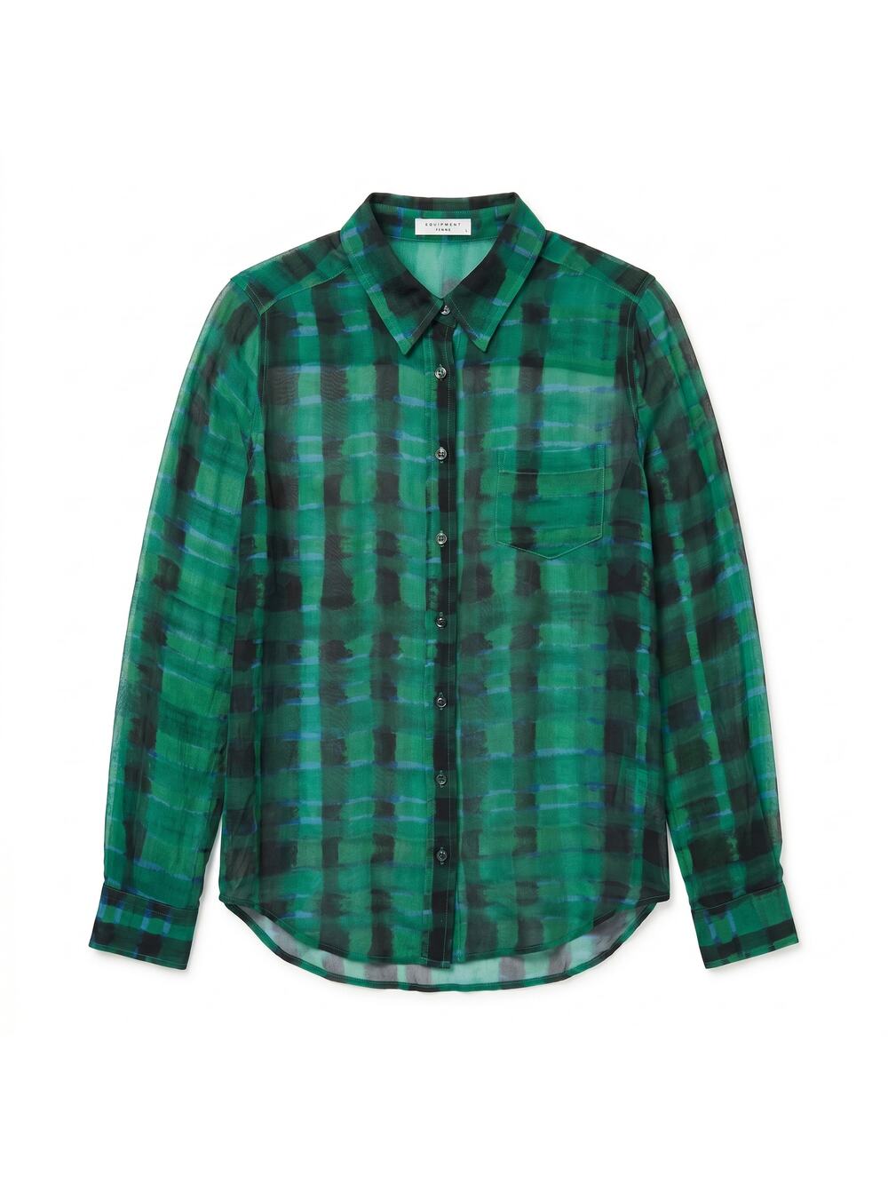 100% Silk Equipment Femme Sheer Green Blue Black Plaid Blouse | Size S - Picture 1 of 9